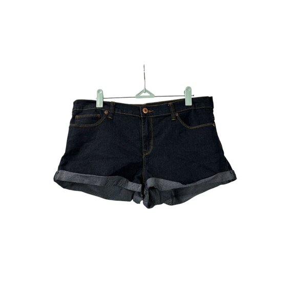 Forever 21 Womens Blue Denim Booty Shorts Cuffed Mid Rise Dark Wash Size 30 - Picture 1 of 8